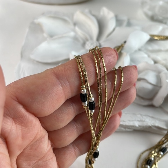 Multi Strand Gold Tone Pearls and Black Beads - Picture 5 of 10